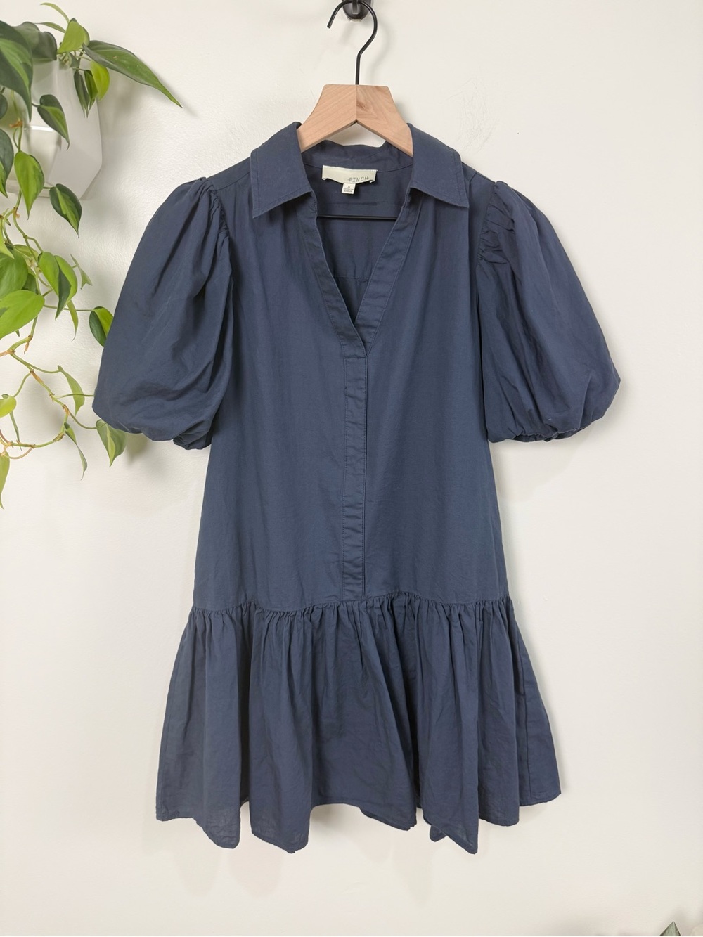 Pinch Navy Puff Sleeve Poplin Mini Dress Collared Drop Waist Size S Minimalist